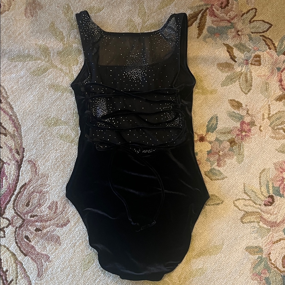 Danskin Black Velvet & Mesh Leotard/Bodysuit with Sheer Sparkle Back